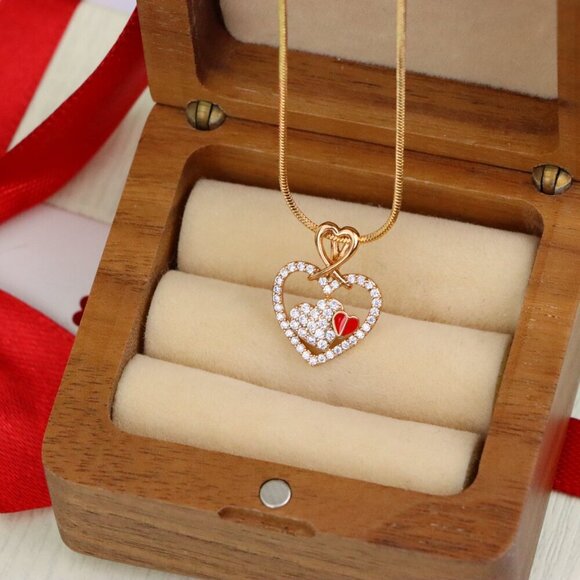 "Heart-Shaped Rose Gold Pendant with Red Accent and CZ Detailing, XPPT1518 - Picture 5 of 13